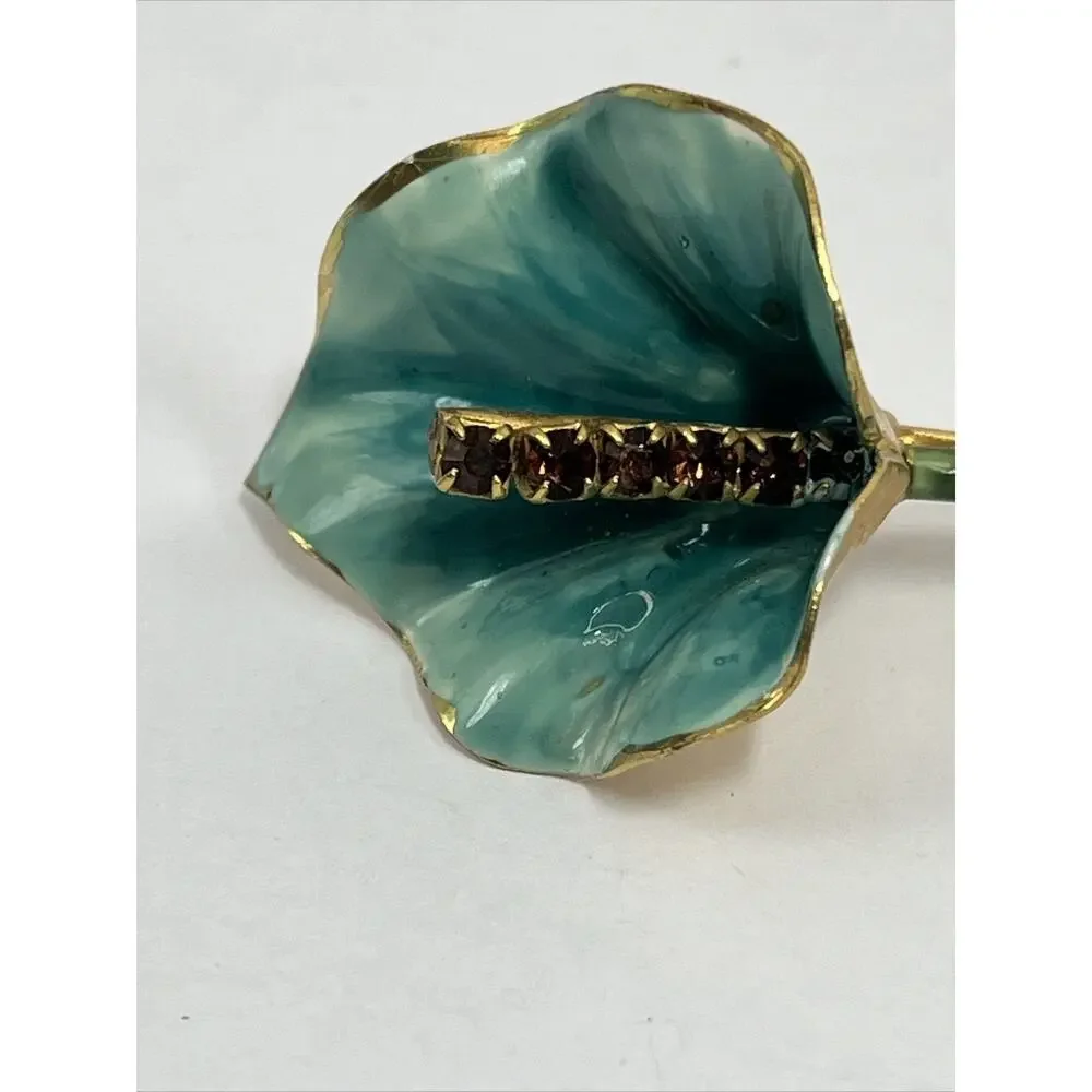 Sandor Vintage Brooch Gold Tone Enamel Green Blue Flower Amber Tone Rhinestone
